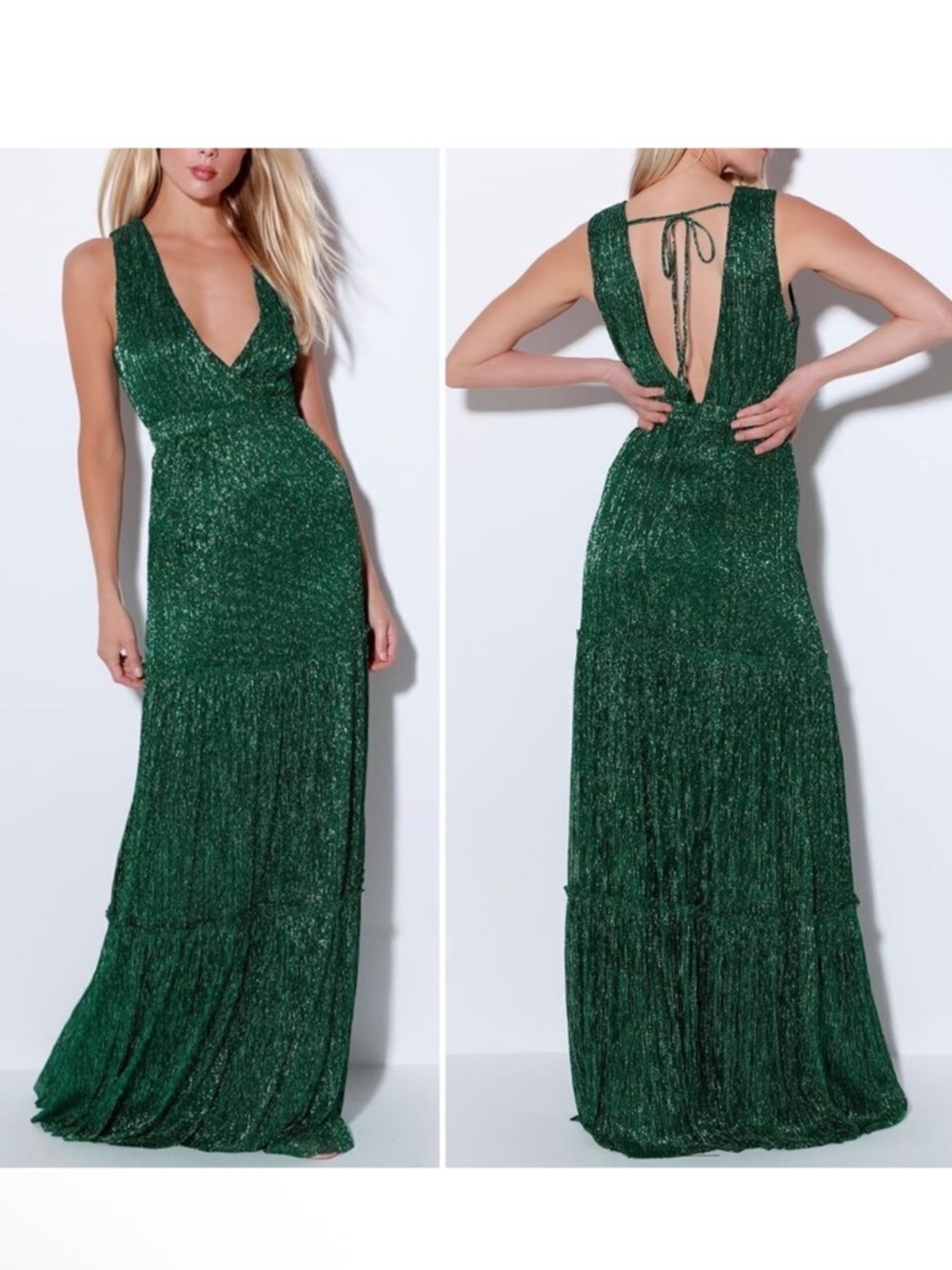 NWT LULUS Falling Star Teal Green Metallic Sleeveless Maxi Dress XS